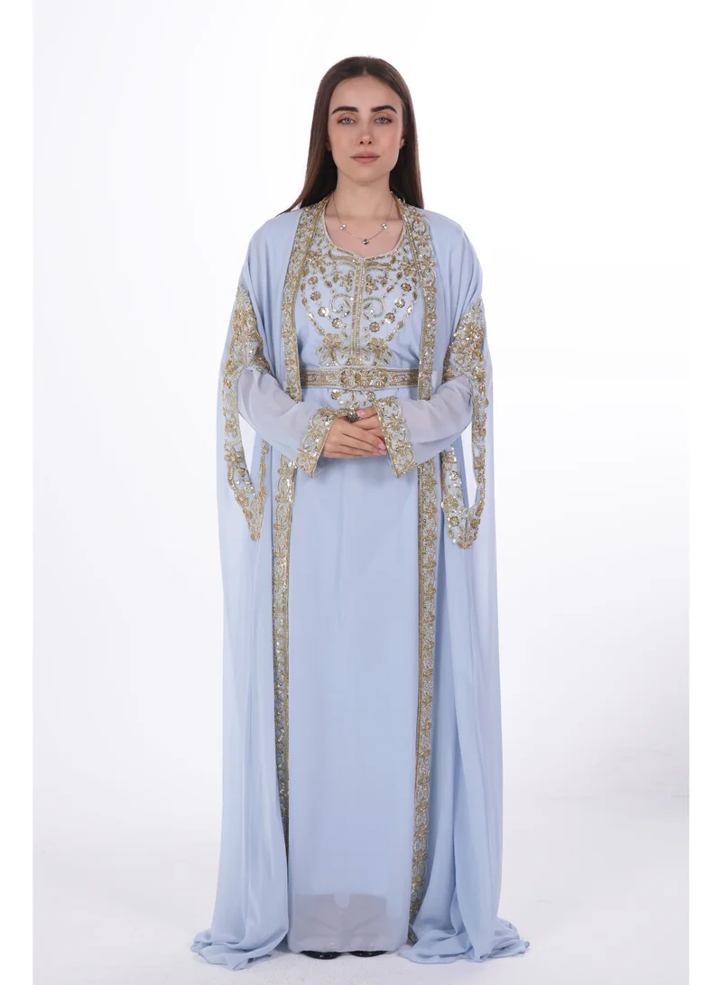 AL BENT AL SHARQIEH blue emboidered chiffon kaftan dress for Women | Best Price UAE